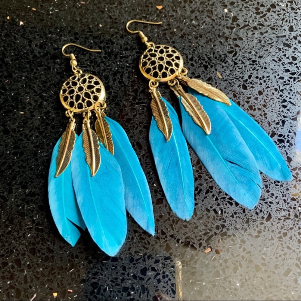 Dream Catcher With Turquoise Feathers Earrings